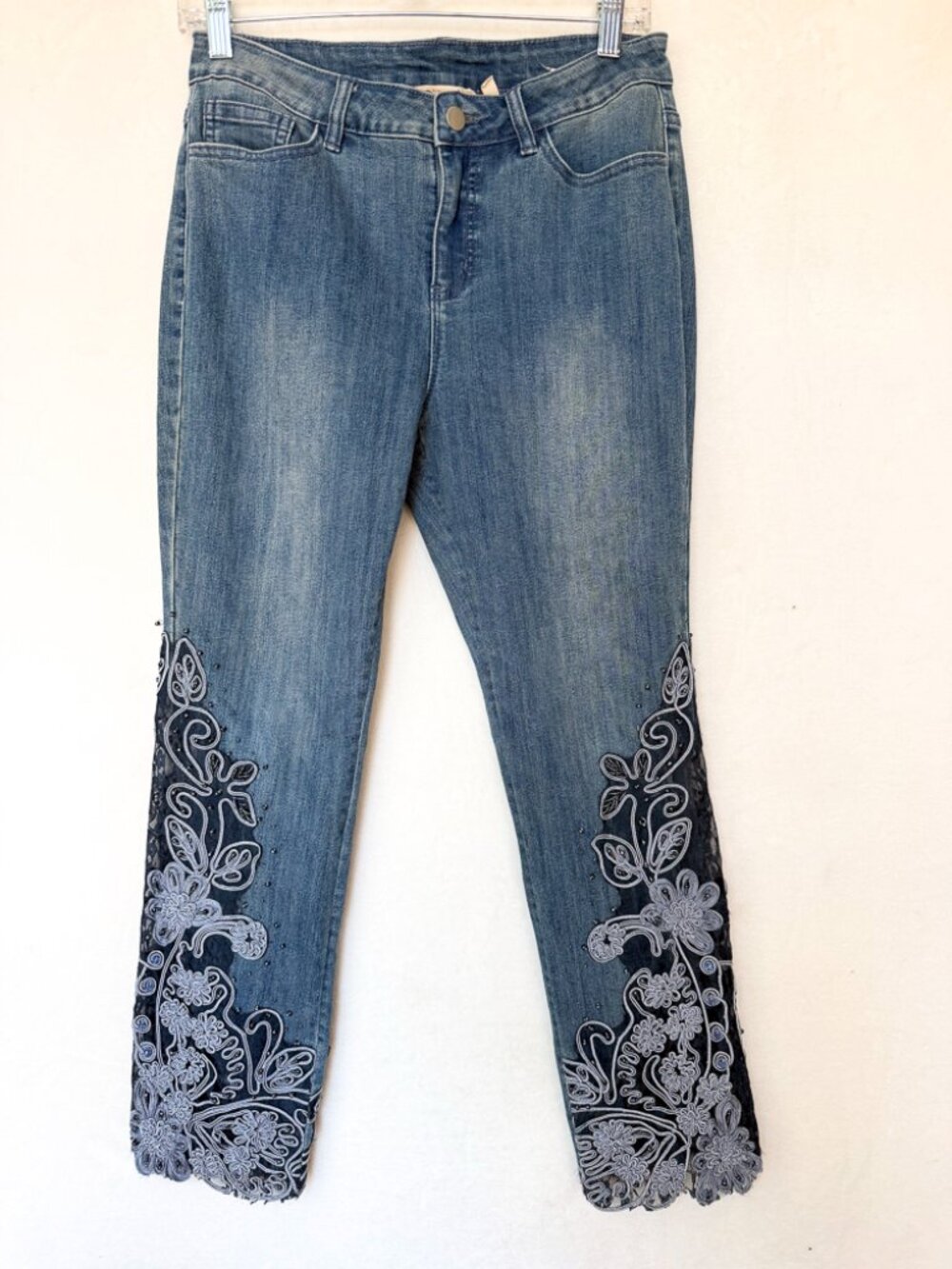 Embellished Lace Beaded Ankle Fit Blue Jeans Scalloped Hem 4P Soft Surroundings